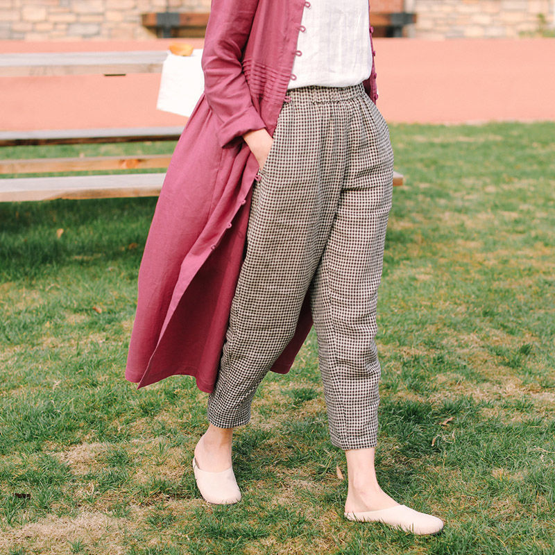 Vuvira Linen Casual Pants Cotton Linen Loose Plaid