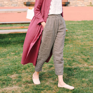 Vuvira Linen Casual Pants Cotton Linen Loose Plaid