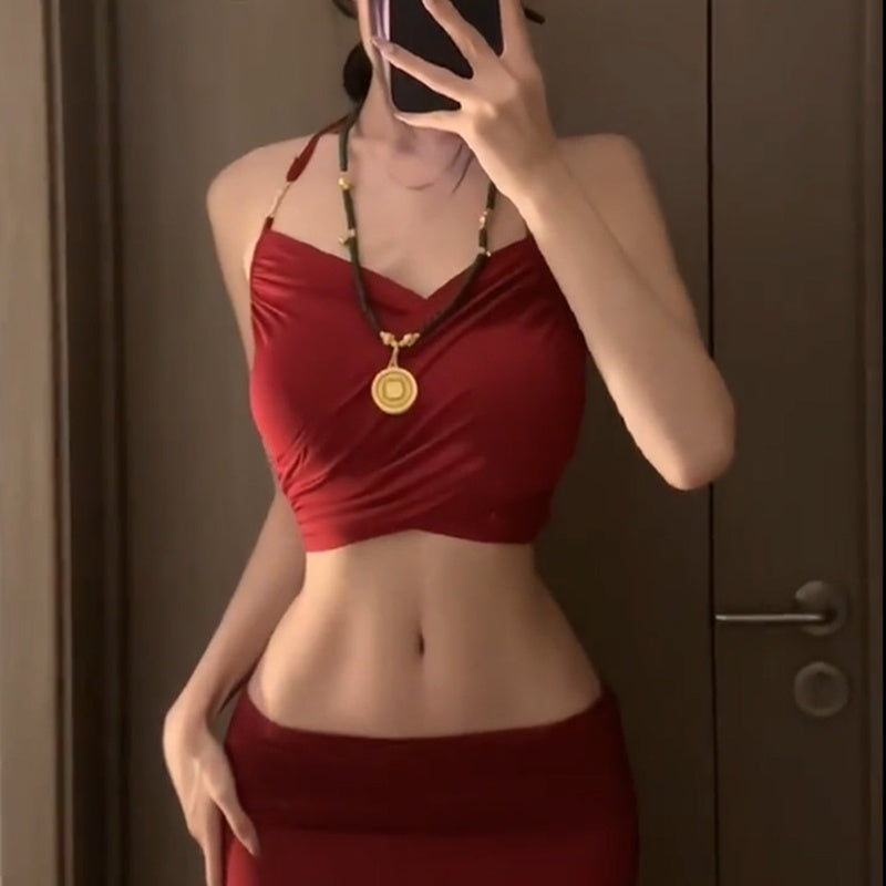 Vuvira Red V Neck Suspenders Top