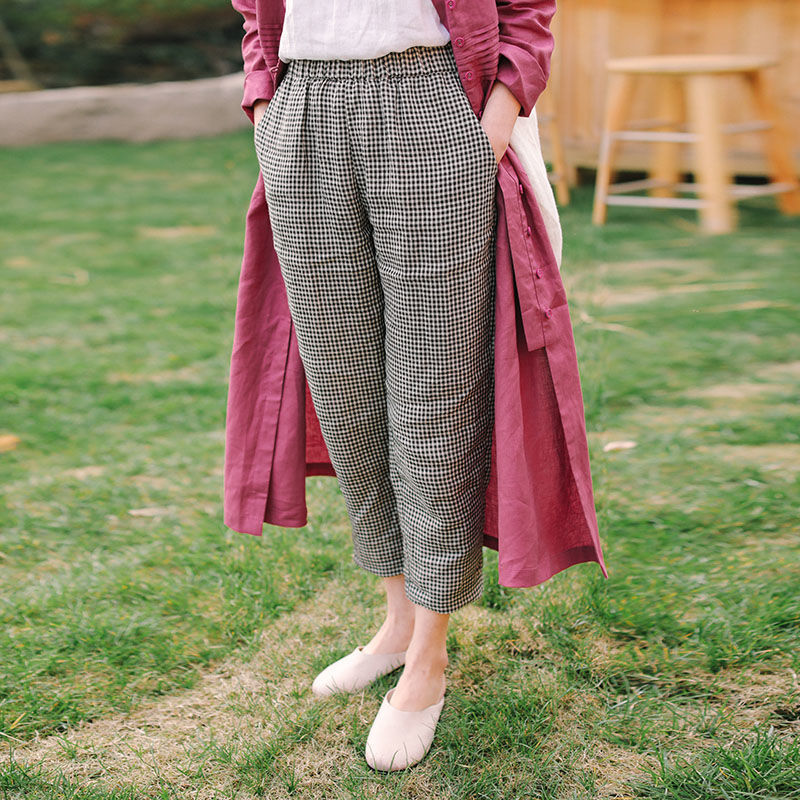 Vuvira Linen Casual Pants Cotton Linen Loose Plaid